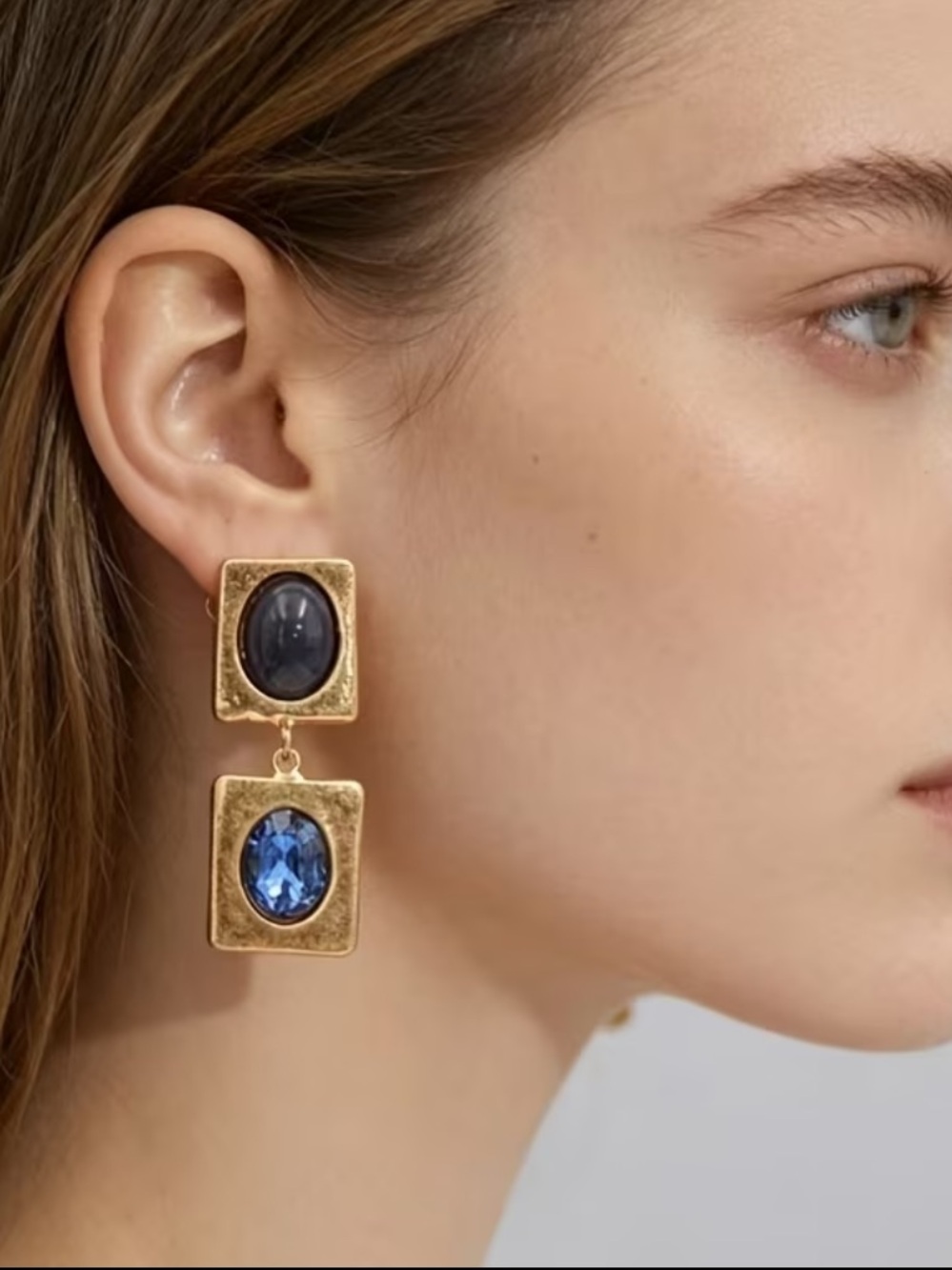 Gold-Tone Drop Earrings with Blue and Black Stones